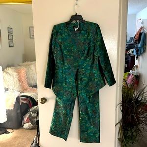 Double breasted, green pants suit